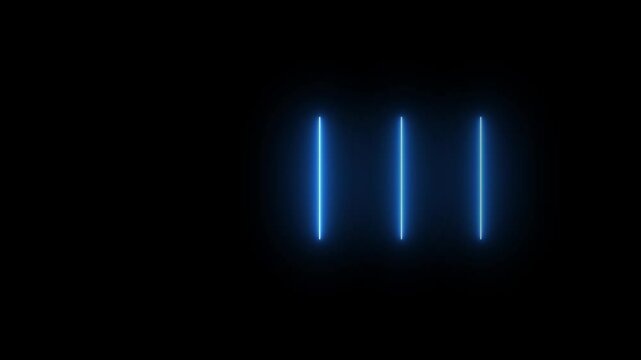 Five vertical red neon lines glow in a dark room, casting reflections on the floor.Colorful Neon Light Technology Loop .