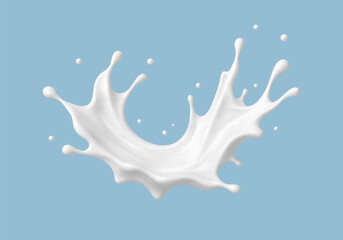 Realistic milk splash in mid-air on blue background. Vector dairy or cosmetic concept.