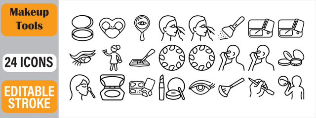 Simple black and white vector outline icons representing diverse beauty and makeup tools