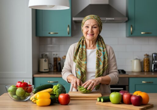 A smiling senior woman in her kitchen, preparing fresh vegetables for a meal and enjoying her time.