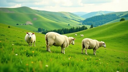 Fototapeta premium Flock of sheep grazing in rolling green hills , texture, green, landscape