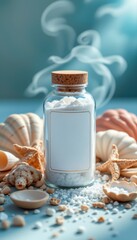 Serene Natural Bath Salts Displayed with Shells and Soft Smoke for Relaxation and Spa Ambience