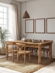 Fototapeta premium Cozy and Modern Dining Room with Rustic Wooden Table and Natural Textiles for Family Gatherings and Meals