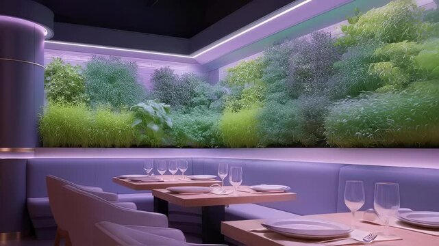 A cozy dining area adjacent to a hydroponic wall garden where an automated system regulates the environment ensuring optimum growth of culinary herbs for immediate use in flavorful