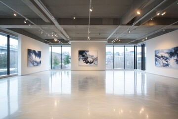 Art exhibit showcasing contemporary works modern gallery photography minimalist environment wide view creative inspiration