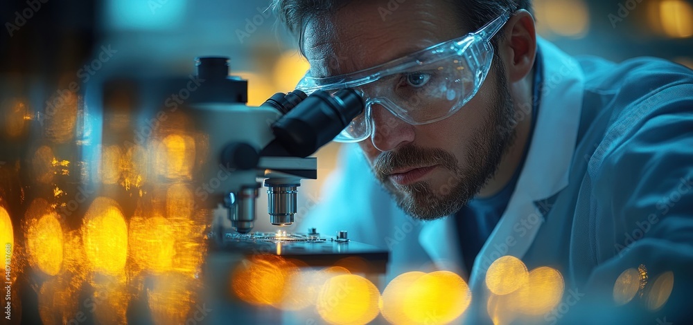 Poster focused scientist using a microscope in a modern laboratory