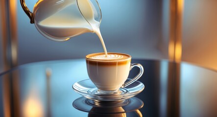 Milk Pouring into Coffee Cup, Fresh Drink Preparation and Warm Light Atmosphere.