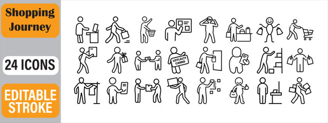 Shopping journey icon set depicting various stages and customer experiences simplified vector design