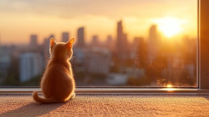 Ginger Kitten Looking at Cityscape at Sunset