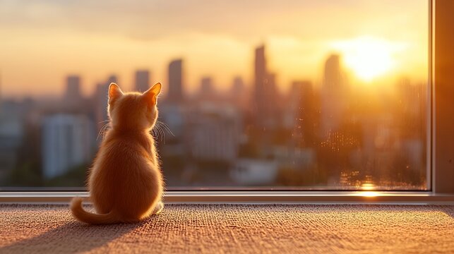 Ginger Kitten Looking at Cityscape at Sunset