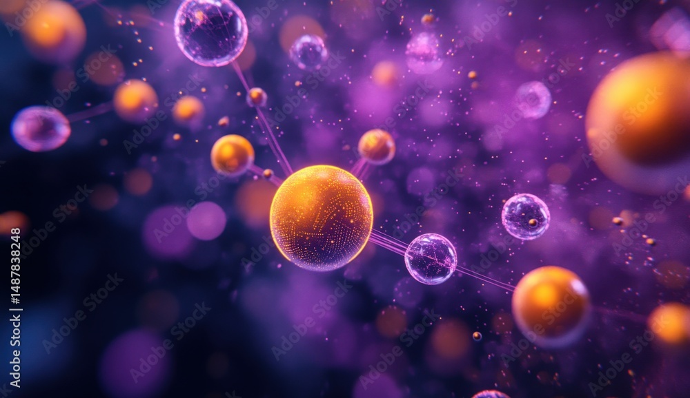 Aufkleber abstract representation of molecular structure with glowing spheres and particles in a vibrant purpl