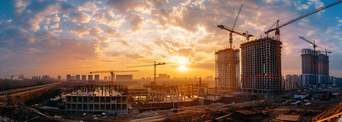 Sunset Over Construction Site with Exposed Structural Steel

