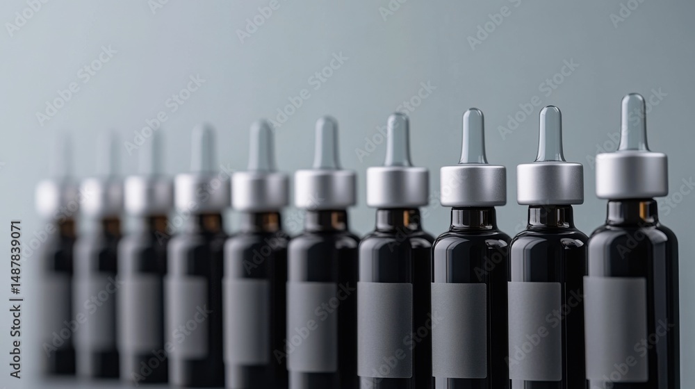 Poster dark glass dropper bottles lined up in a minimalist setting with blank labels