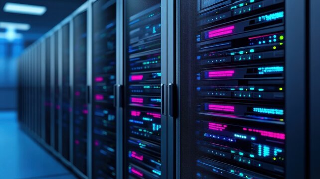 Data Center Storage Units with Illuminated Servers and Colorful Interfaces - Powered by Adobe