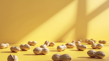 Scattered Peanuts on a Sunny Yellow Background, a Simple Still Life Photography.