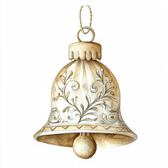 Elegant gold Christmas bell ornament with intricate scrollwork pattern and small clapper creating luxurious vintage holiday decoration in watercolor illustration style
