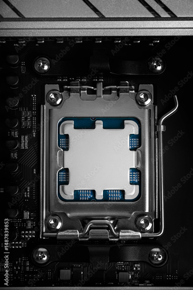 Poster cpu socket mounted on a computer motherboard, designed to hold and connect a central processing unit