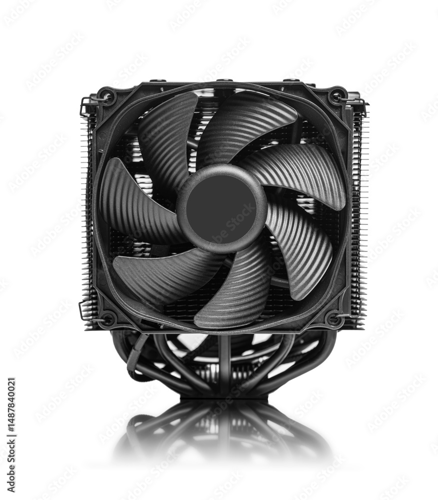 Poster black cpu tower cooler with a large fan and multiple heat pipes, designed for efficient computer coo