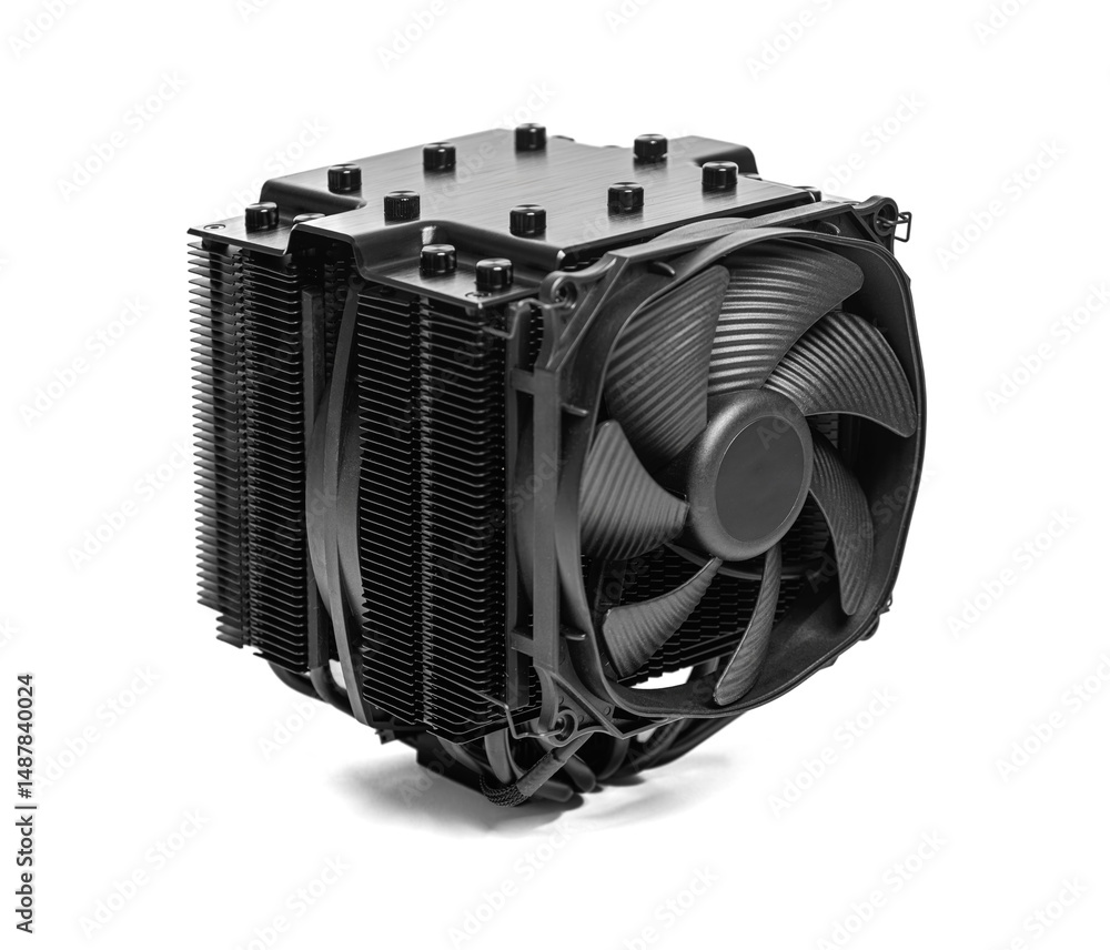 Poster black cpu tower cooler with a large fan and multiple heat pipes, designed for efficient computer coo