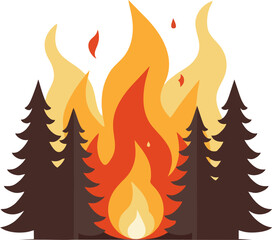 Minimalist Flat Vector Illustration of Forest Fire with Burning Trees and Rising Flames – Climate Change and Wildfire Concept