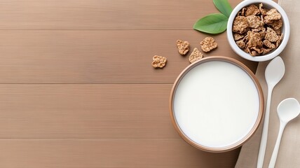 Bowl of Healthy Cereal and Milk with Spoons on Wooden Table, Top View cereal milk healthy bowl food