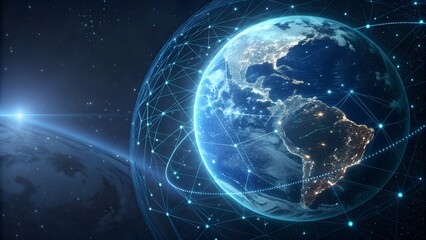Obraz premium Digital Earth with Orbiting Data Streams and Glowing Lights
