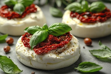 Gourmet caprese salad with fresh burrata, sundried tomatoes, and basil leaves