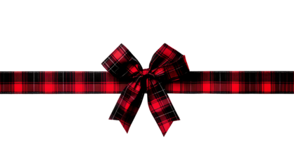 Red and black buffalo plaid  gift bow and ribbon. Long border isolated on a white background ,png