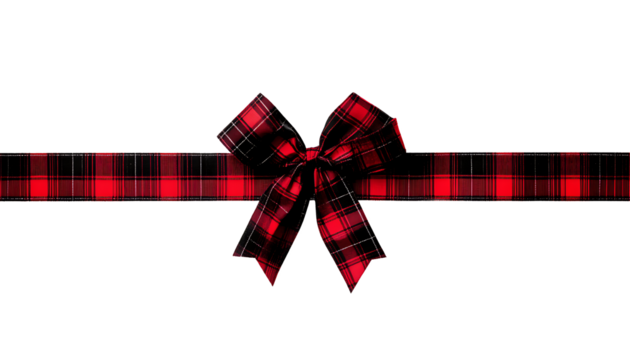 Red and black buffalo plaid  gift bow and ribbon. Long border isolated on a white background ,png