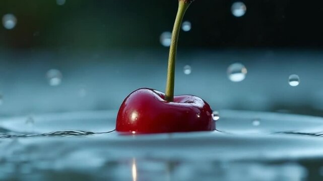 Super slow motion ripe cherry falls into the water with splashes. High quality FullHD footage