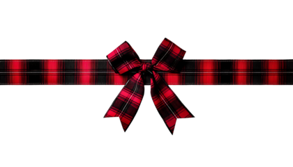 Red and black buffalo plaid  gift bow and ribbon. Long border isolated on a white background ,png