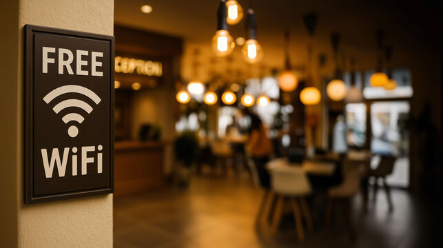 Free wifi sign displayed at entrance of modern restaurant highlighting digital connectivity and customer convenience service concept