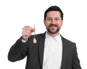 Real estate agent holding key with house shaped keychain on white background