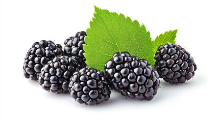 Blackberries with green leaves isolated on a white background. A fresh and detailed depiction of ripe berries in a natural arrangement.
