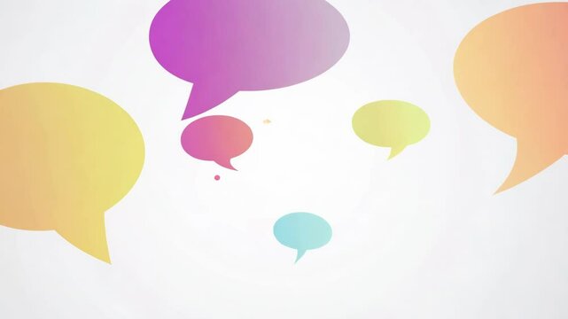 Colorful speech bubbles in pink, yellow, orange & turquoise gradually appear & float against a clean white background. The bubbles move slightly and increase in number creating a conversation concept