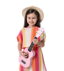 Cute girl playing toy guitar on white background