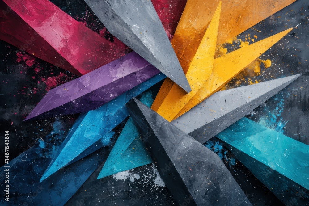 Poster dynamic colorful geometric shapes abstract art digital design studio aerial view vibrant composition
