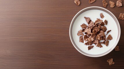 Bowl of Chocolate Cereal with Milk on Wooden Table, Top View milk bowl chocolate chocolate cereal ai