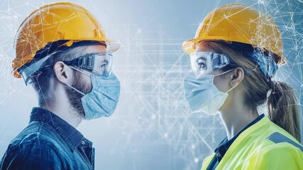 Masked construction workers face each other, network overlay. - Powered by Adobe