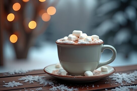 Cup of coffee with marshmallows on a wooden table