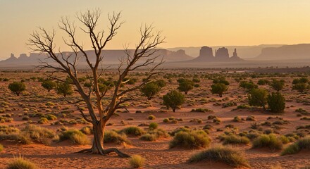 Naklejka premium Scenic view of Monument Valley at sunset with a bare tree in the foreground