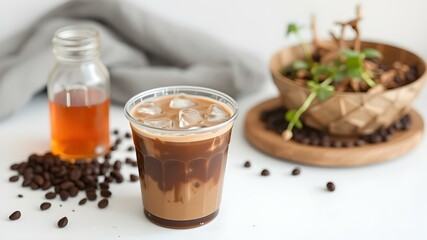 Coffee Iced Drink: The photo is a close-up of a refreshing iced coffee drink, showcasing its layers, and surrounded by roasted coffee beans. The shot also features a small syrup bottle and a plant.