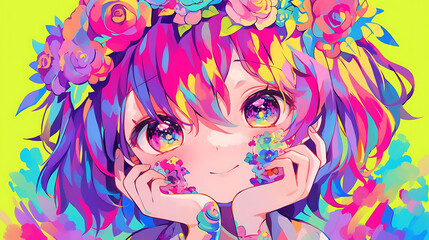 Anime chibi zombie smiling and rose colored illustration