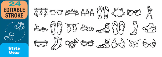 Collection of editable style gear outline icons for fashion design and accessories