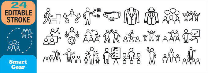 Collection of business and management icons illustrating various concepts and presentations