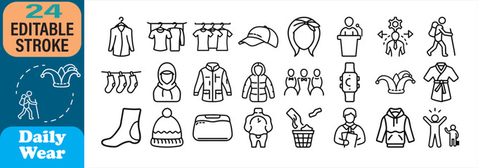 Collection of minimalist daily wear clothing and activity icons in editable stroke format