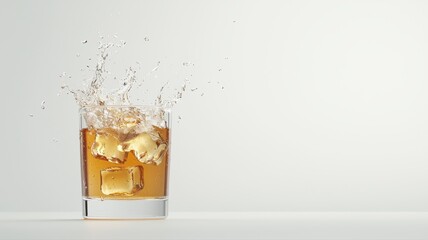Dynamic Splash in Whiskey Glass with Ice Cubes on White Background whiskey glass ice splash dynamic