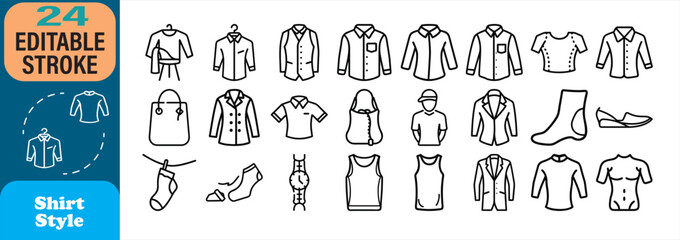Collection of minimalistic outline icons featuring various shirt styles and fashion accessories