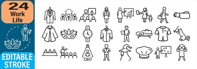 Collection of outline icon vector illustations depicting various work related life activities.