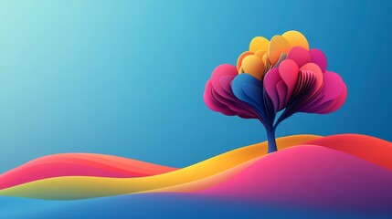Colorful abstract tree on vibrant hills.